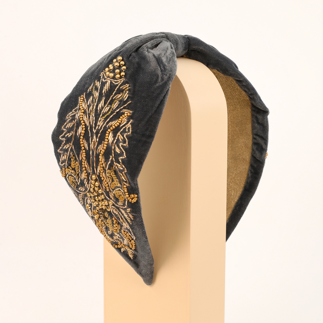 Wide Velvet Embellished Headband Charcoal