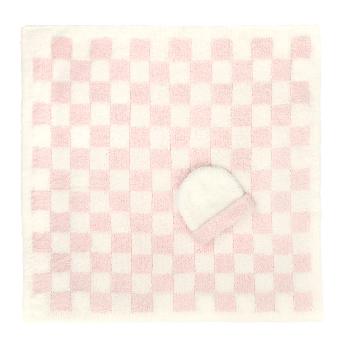 Baby Blanket and Cap Set Pink Creme Check