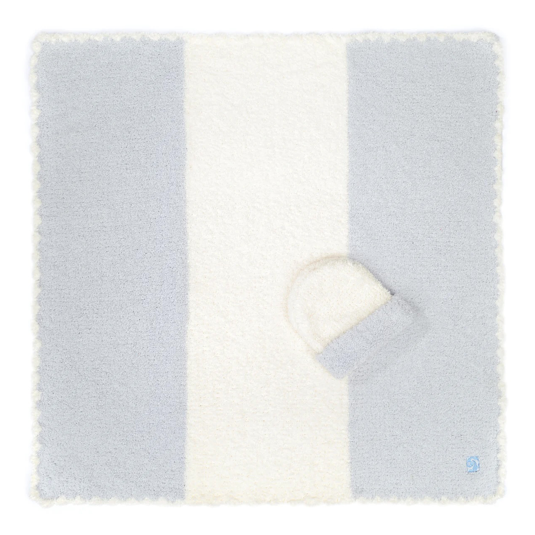 Baby Blanket And Cap Set Blue With Cream Center Stripe