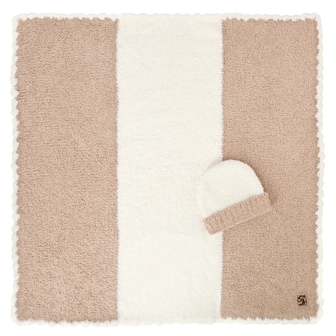 Baby Blanket And Cap Set Teddy With Cream Center Stripe