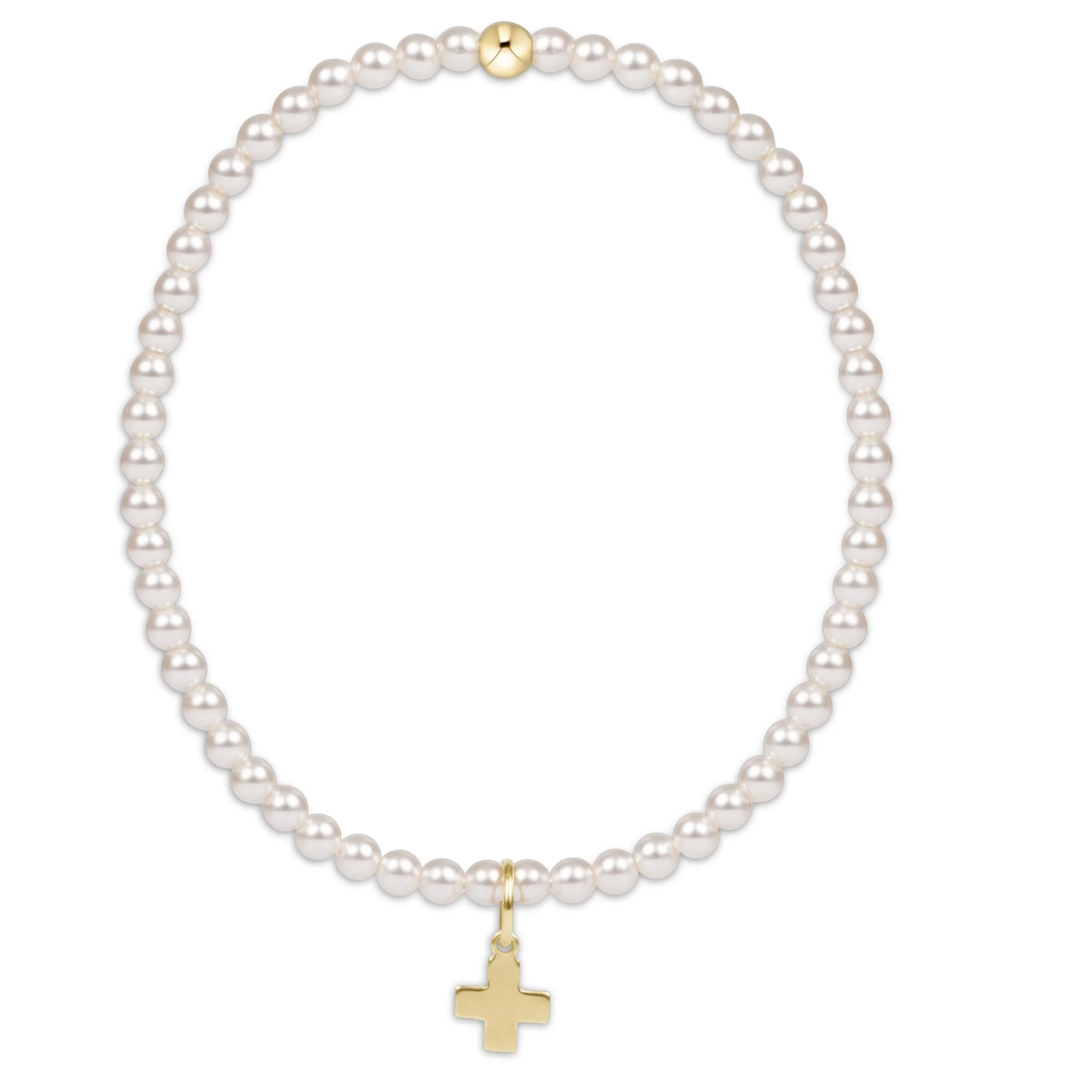 Classic Pearl 3mm Bead Bracelet - Gold Signature Cross