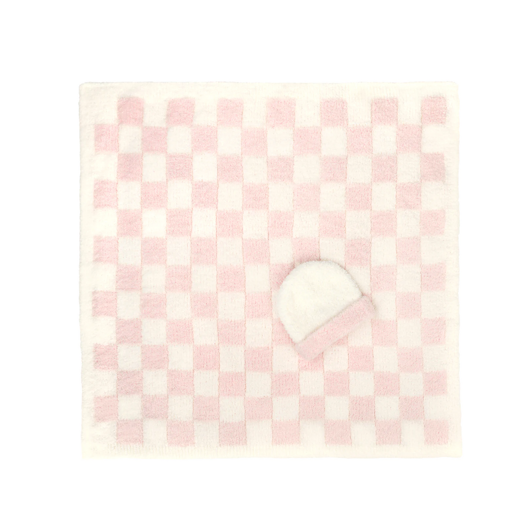 Baby Blanket and Cap Set Pink Creme Check