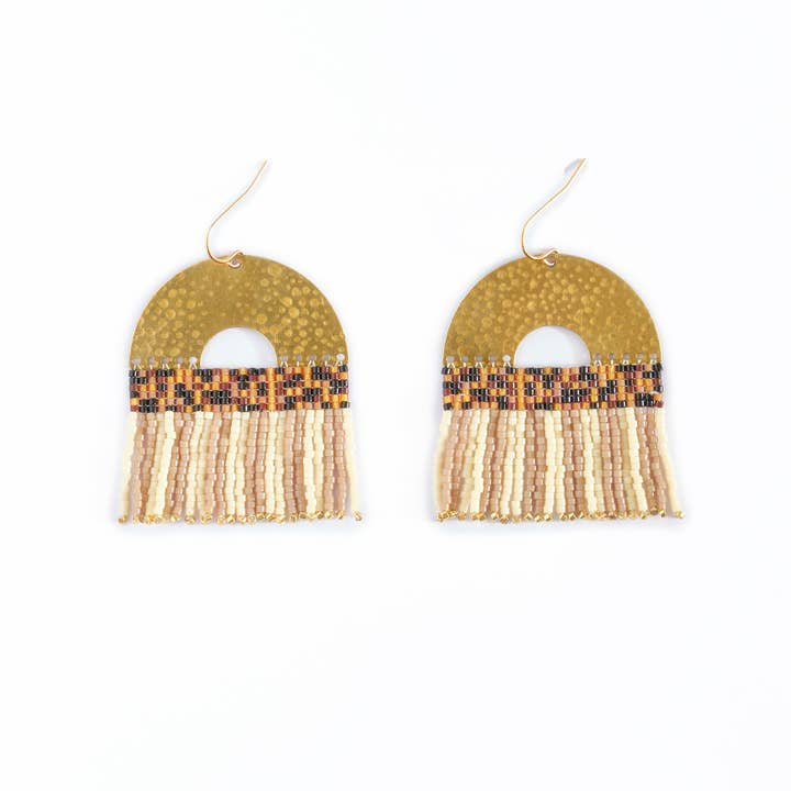 Beaded Handwoven Striped Fringe Earrings Tan/Cream