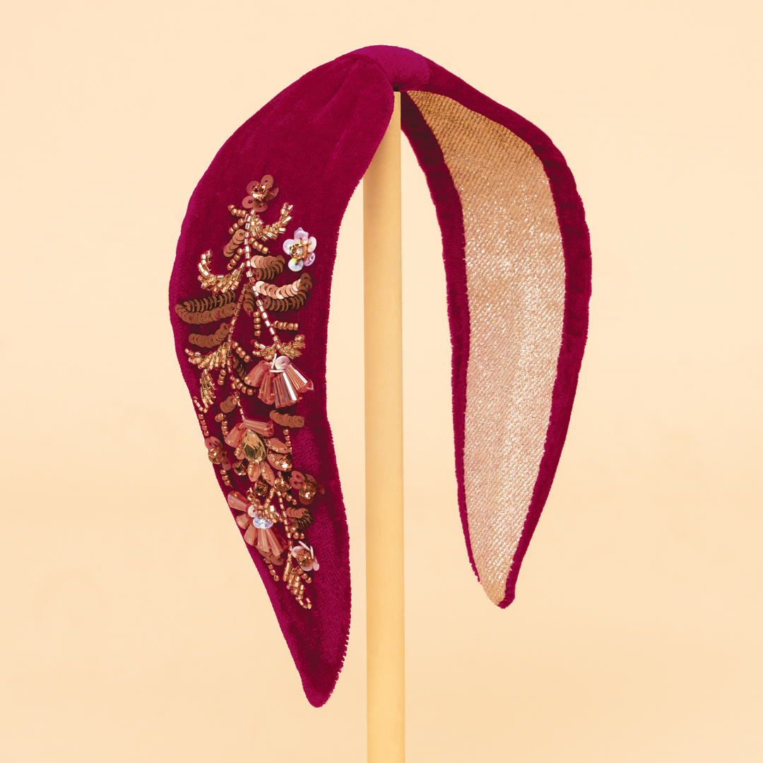 Velvet Headband Beaded Golden Wildflowers On Fuchsia