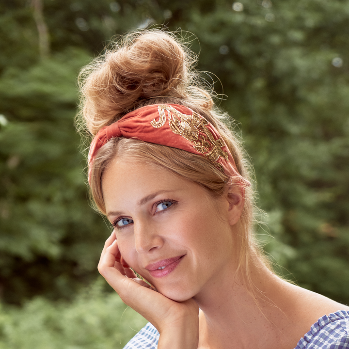 Velvet Headband Beaded Elephant on Terracotta