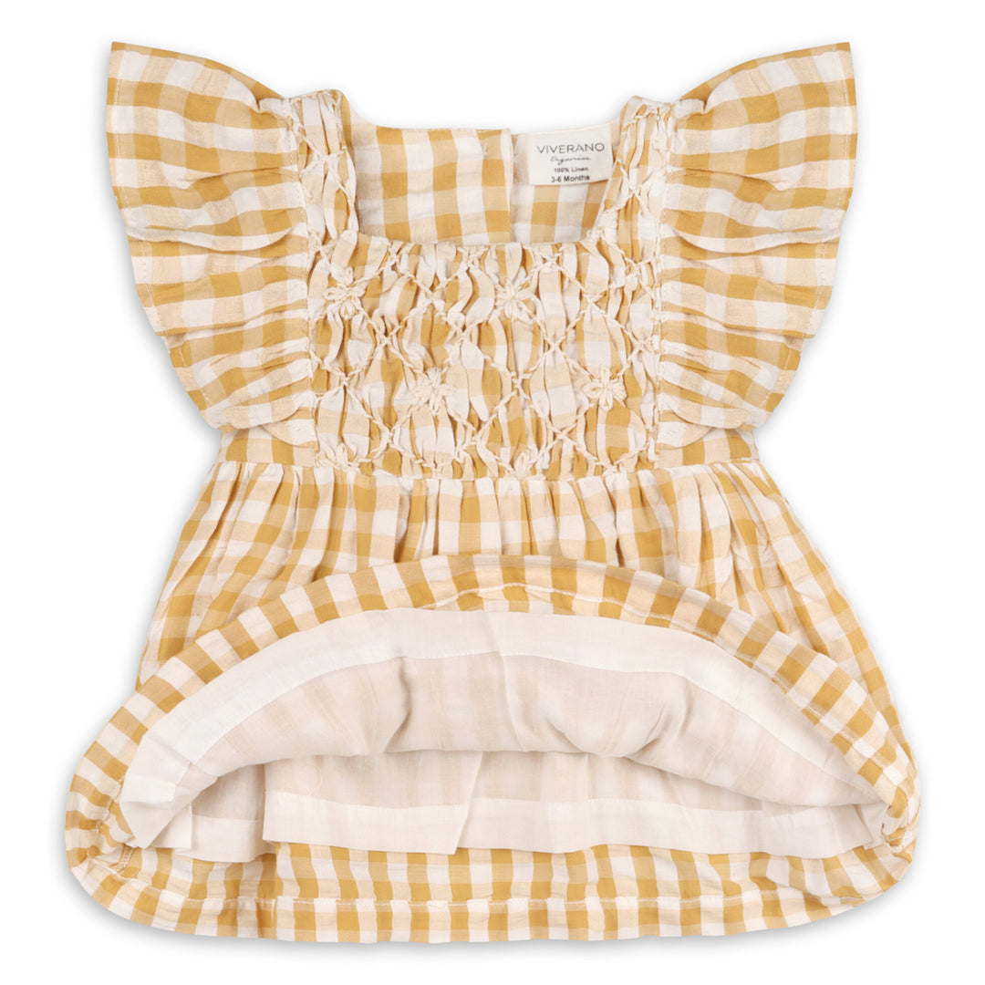 Organic Cotton Alina Hand-smocked Seersucker Gingham Baby Dress + Bloomer