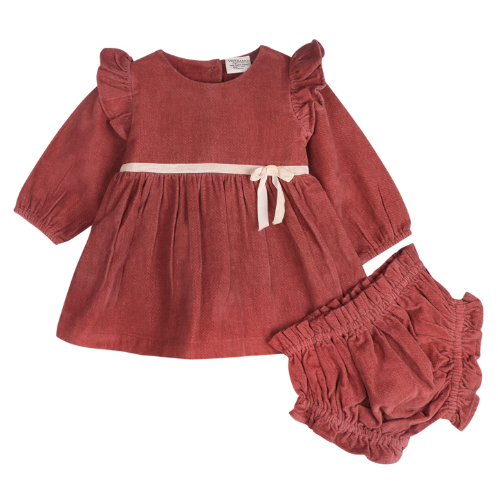 Amber Organic Cotton Terracotta Velvet Baby Dress + Bloomer Set