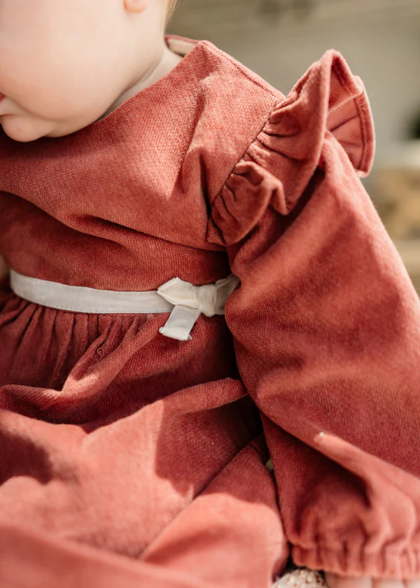 Amber Organic Cotton Terracotta Velvet Baby Dress + Bloomer Set