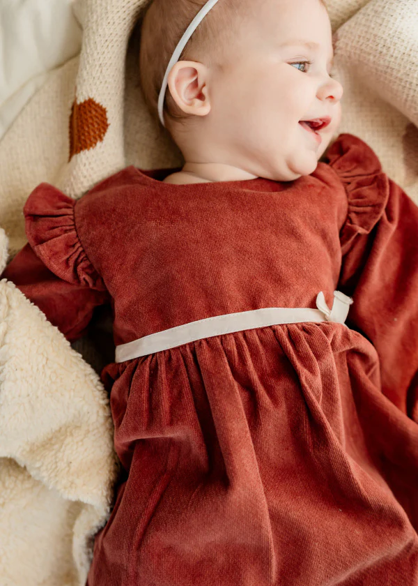 Amber Organic Cotton Terracotta Velvet Baby Dress + Bloomer Set