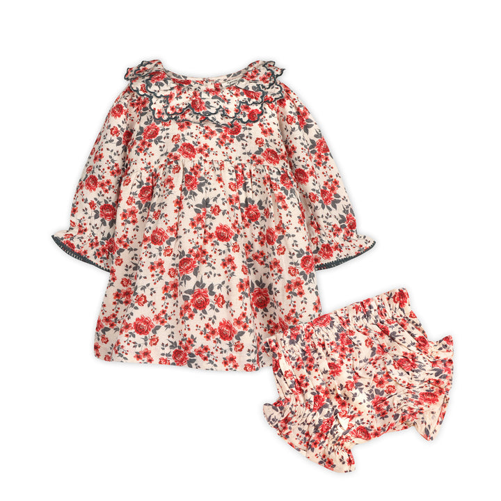 Linen Blend Amour Rose Floral Ruffle Baby Dress + Bloomer