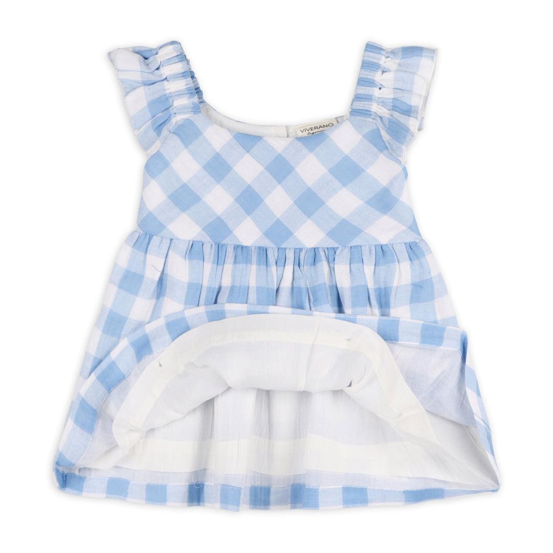 Organic Cotton Audrey Arctic Blue Gingham Baby Dress + Bloomer