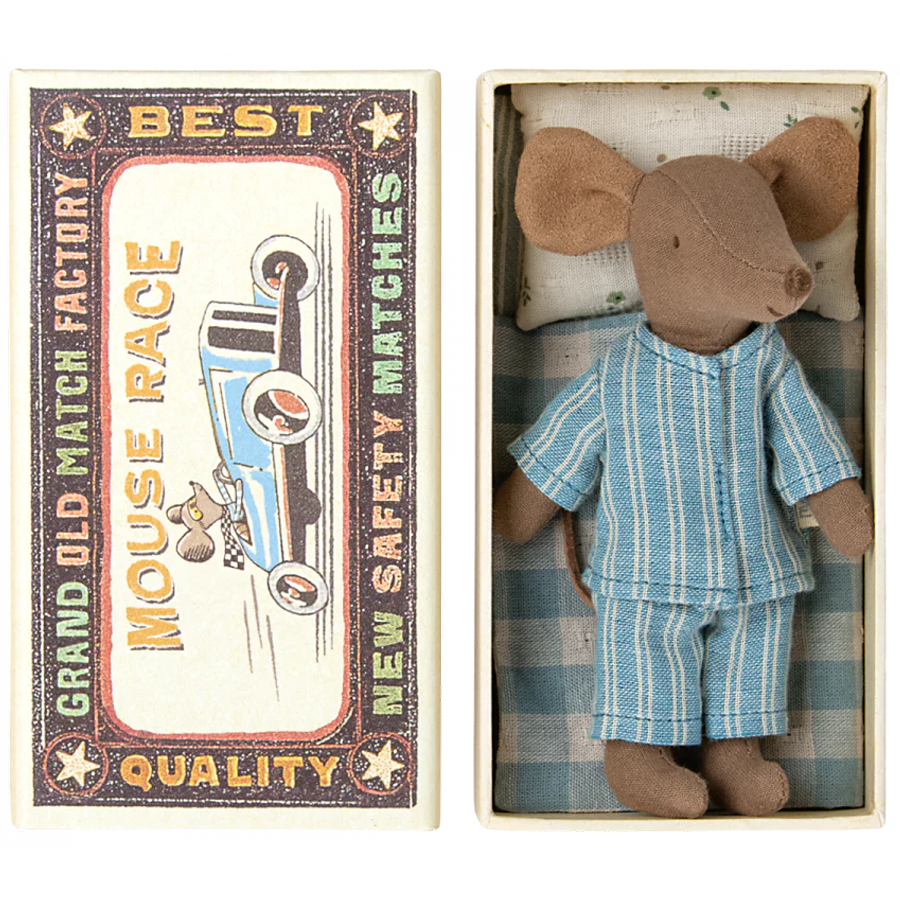 Maileg - Big Brother Mouse in Matchbox - Blue PJ