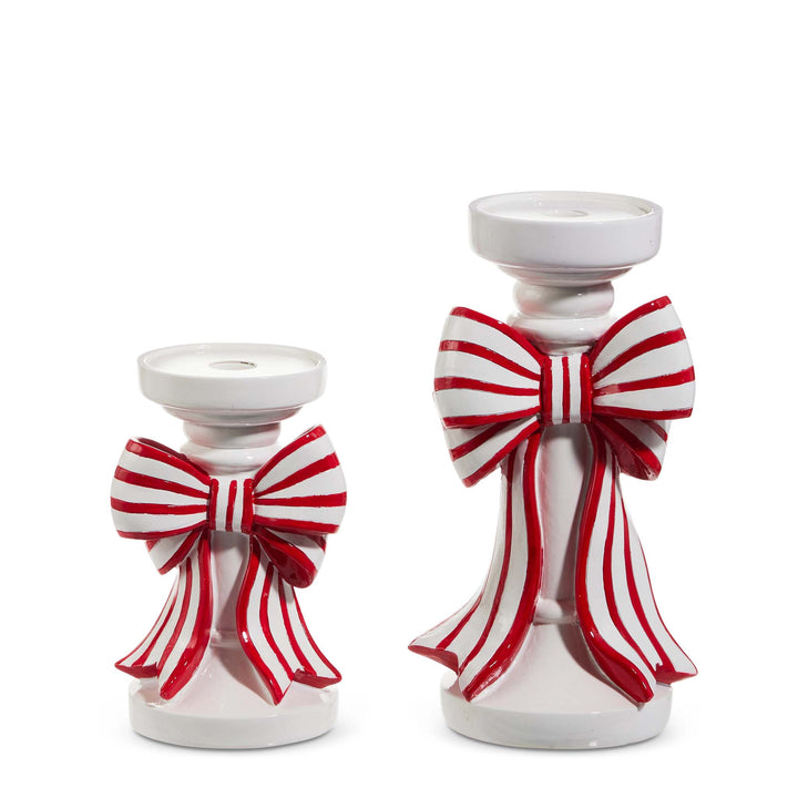 Ceramic Red & White Striped Bow Candle Holders