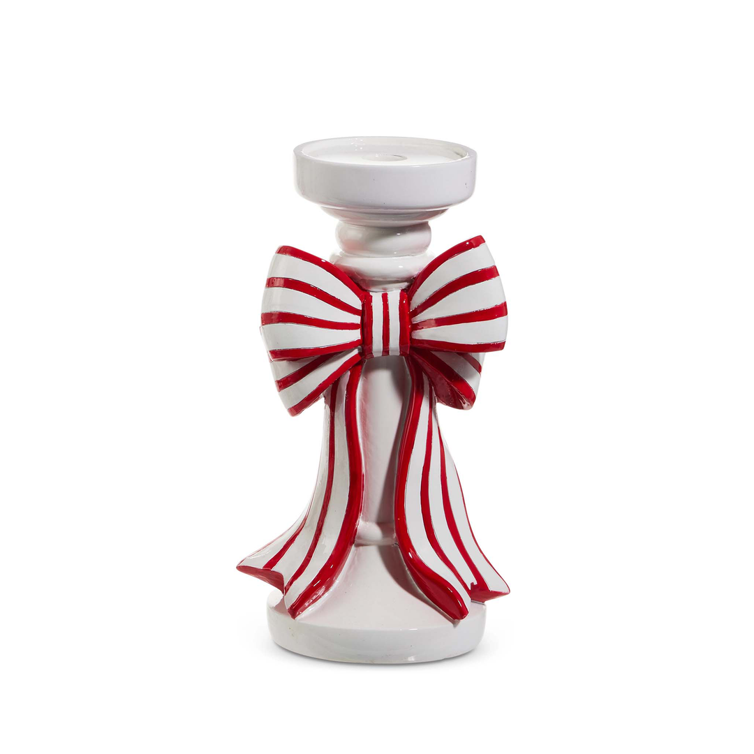 Ceramic Red & White Striped Bow Candle Holders