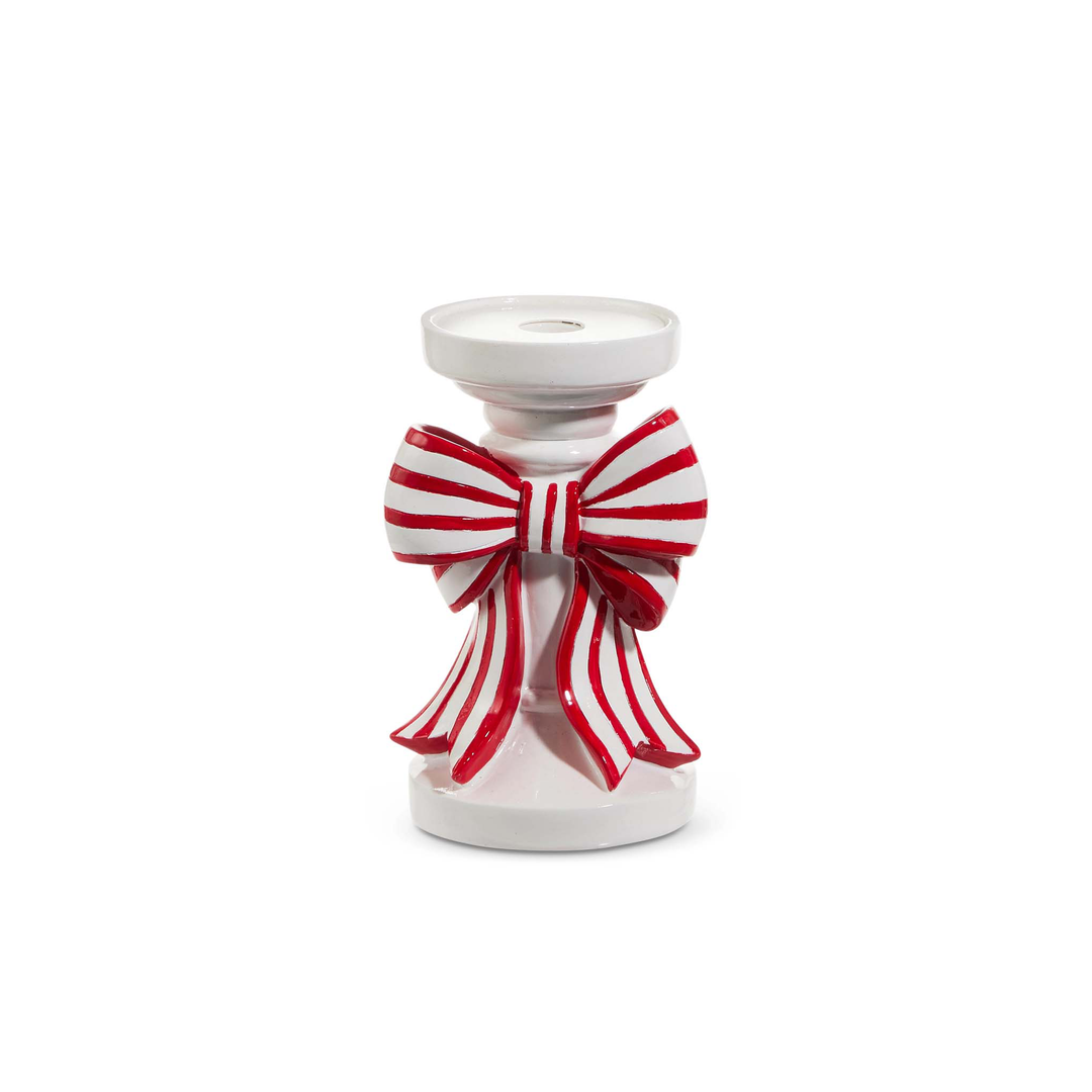 Ceramic Red & White Striped Bow Candle Holders