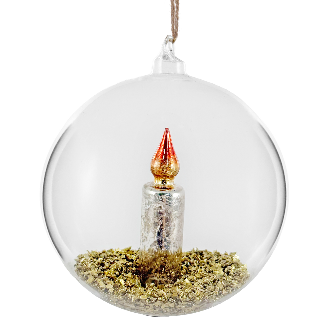 Candle &amp; Gold Glitter Inside Glass Ball Ornament