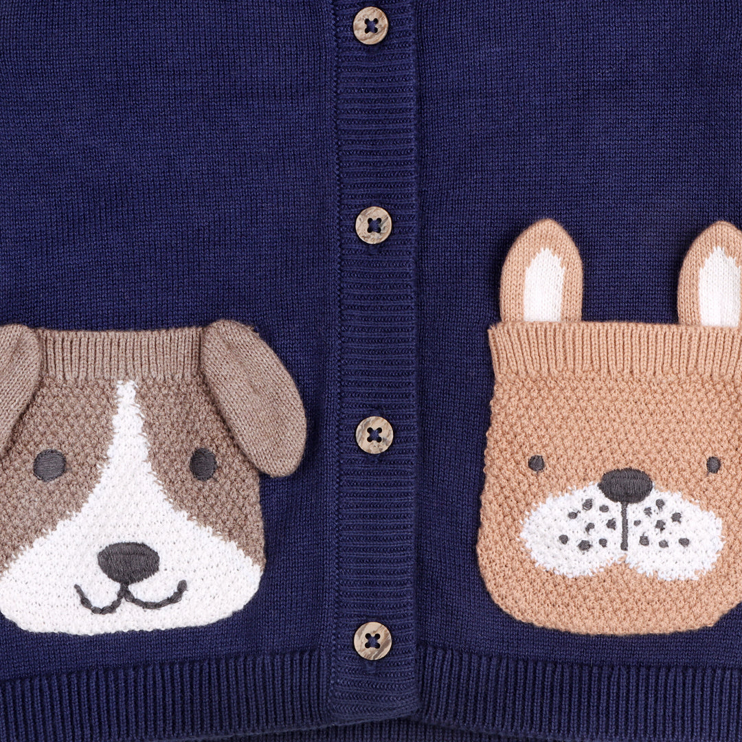 Organic Cotton Dog Pocket Embroidered Sweater Knit Baby Cardigan