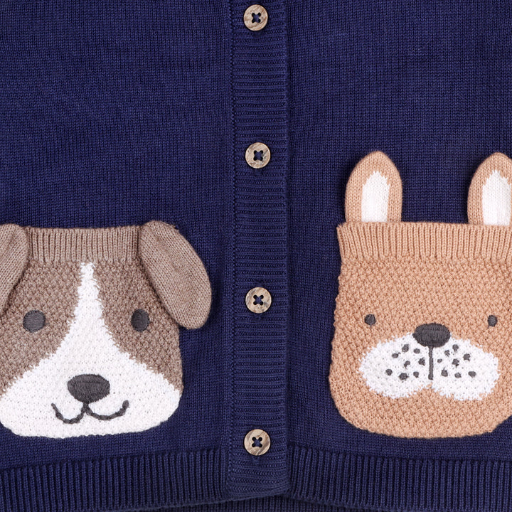 Organic Cotton Dog Pocket Embroidered Sweater Knit Baby Cardigan