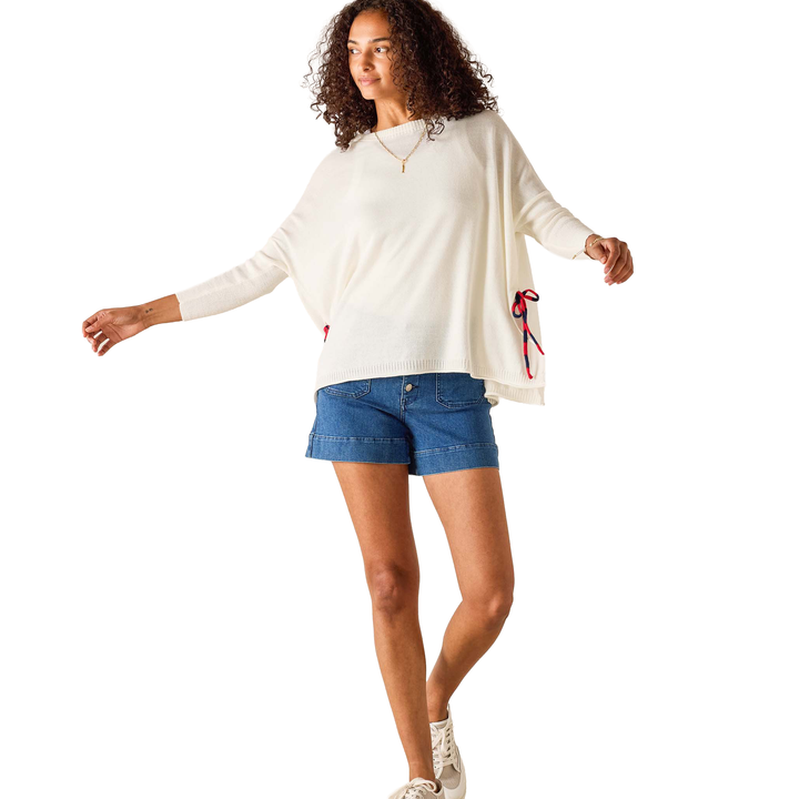 Catalina Side Tie Crewneck Sweater White W/ Striped Tie Petite