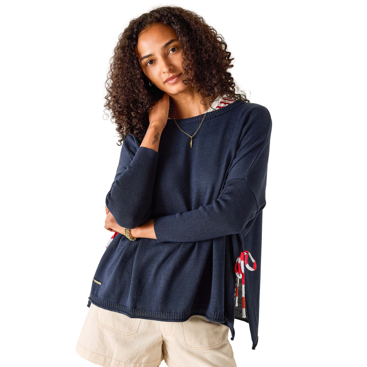Catalina Side Tie Crewneck Sweater Navy W/Striped Tie Petite
