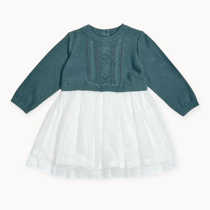 Organic Cable Floral Sweater Knit Top & Tutu Baby Dress In Teal