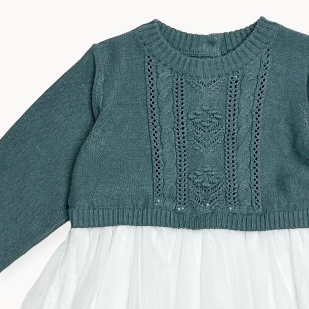 Organic Cable Floral Sweater Knit Top & Tutu Baby Dress In Teal