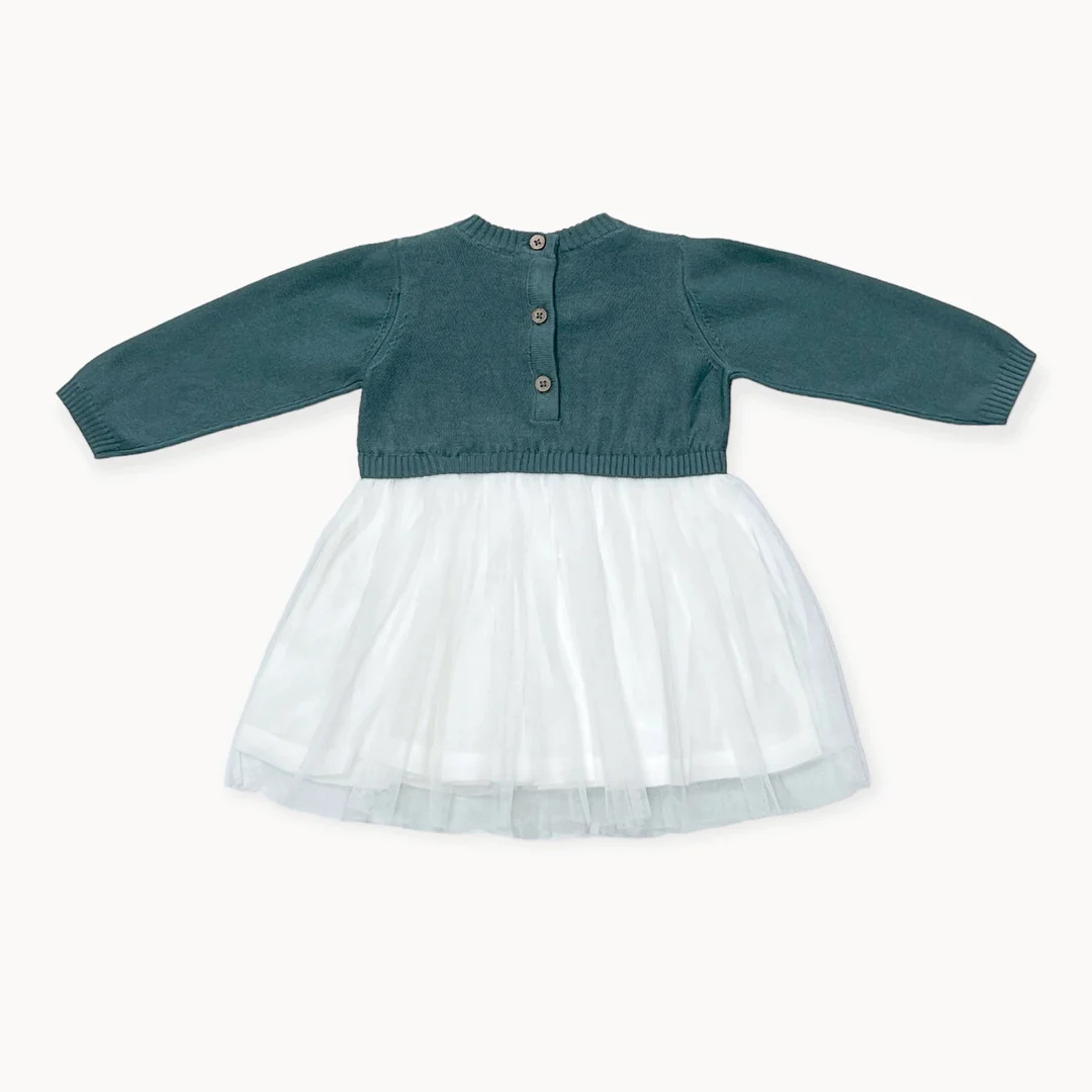 Organic Cable Floral Sweater Knit Top & Tutu Baby Dress In Teal