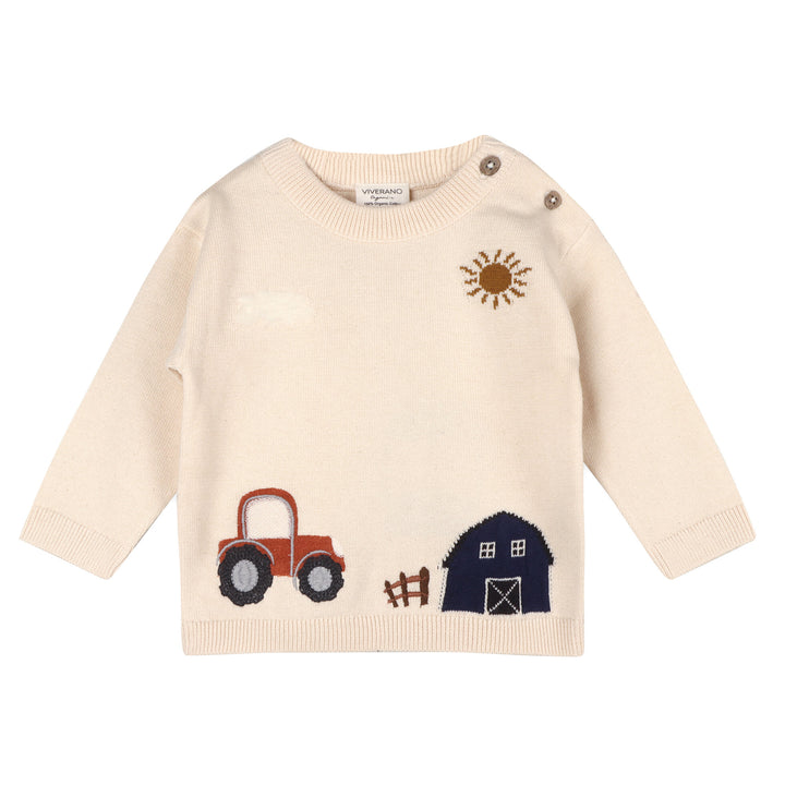 Organic Farm & Tractor Embroidered Knit Baby Pullover