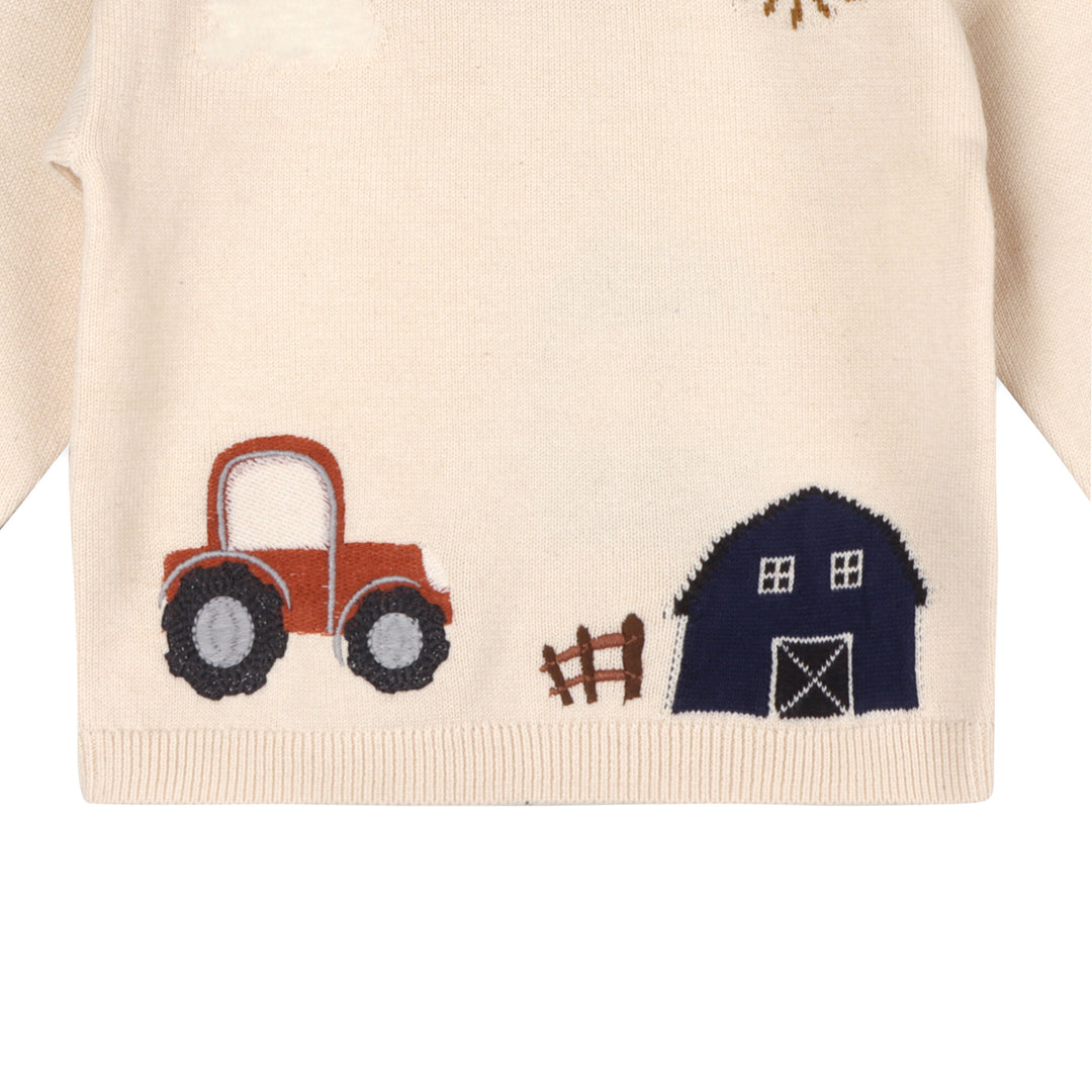 Organic Farm & Tractor Embroidered Knit Baby Pullover