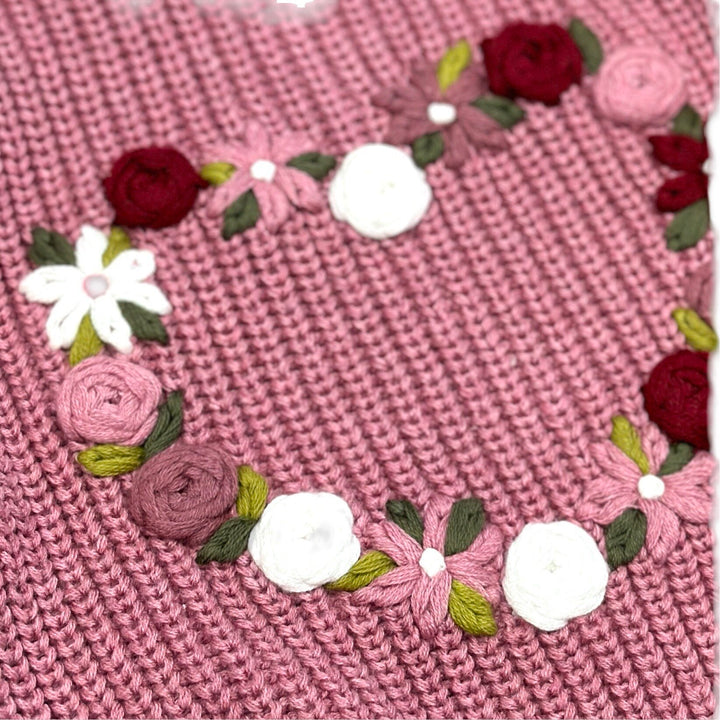 Organic Cotton French Rose Heart Hand-Embroidered Slouchy Baby Sweater