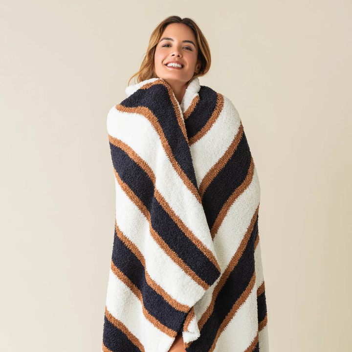 Chenilla Heritage Stripe Throw In Haystack and Dark Navy