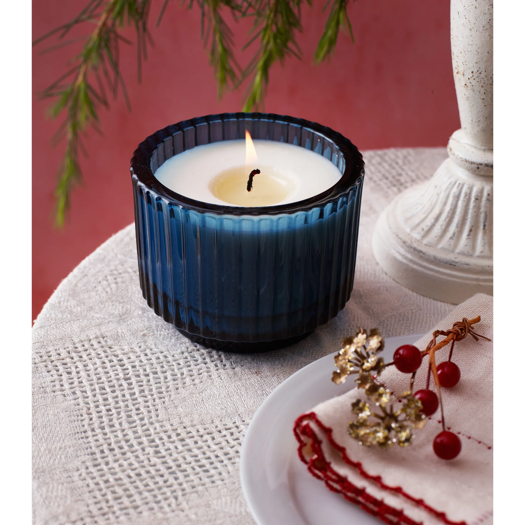 Home for the Holidays Roland Pine 6 oz Blue Single-Wick Ribbed Glass Candle