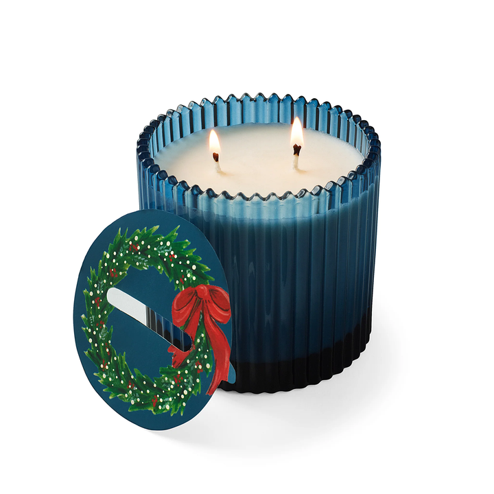 Home for the Holidays Roland Pine 14 oz Blue Two-Wick Ribbed Glass Candle
