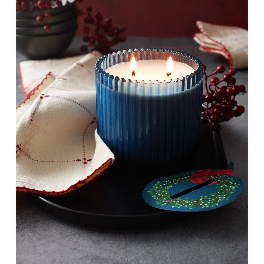 Home for the Holidays Roland Pine 14 oz Blue Two-Wick Ribbed Glass Candle