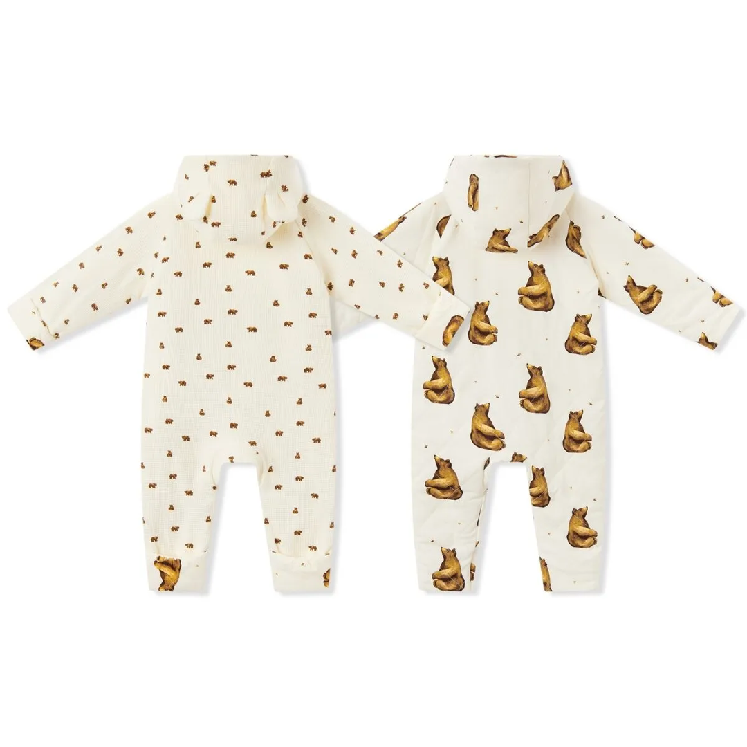 Honey Bear Reversible Quilted Waffle Knit Hooded Jumpsuit