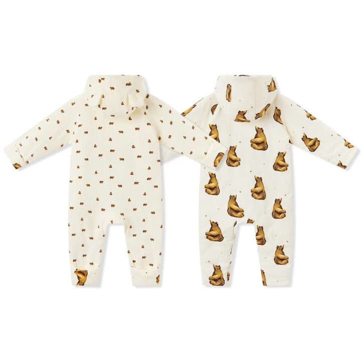 Honey Bear Reversible Quilted Waffle Knit Hooded Jumpsuit