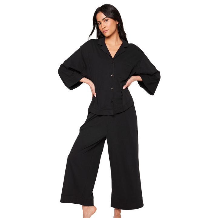 The Olivia Wide Leg Pima Pajama Set in Black