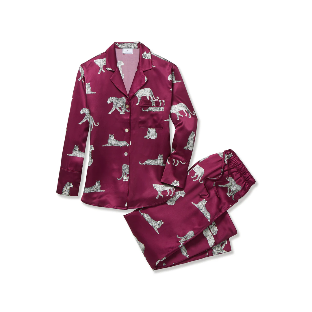 Women's Silk Pajama Set in Merlot Panthère