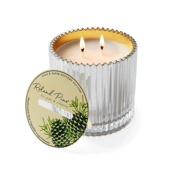 Roland Pine 14 oz Silver & Gold Two-Wick Ribbed Glass Soy Candle