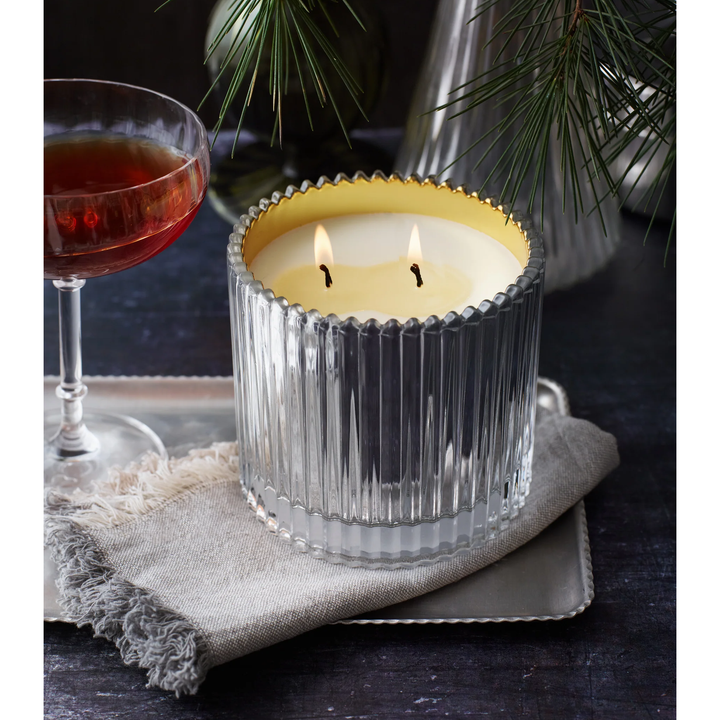 Roland Pine 14 oz Silver & Gold Two-Wick Ribbed Glass Soy Candle