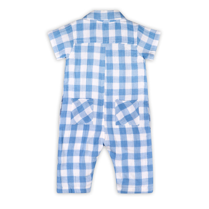 Organic Cotton August Blue Gingham Boys Cargo Romper