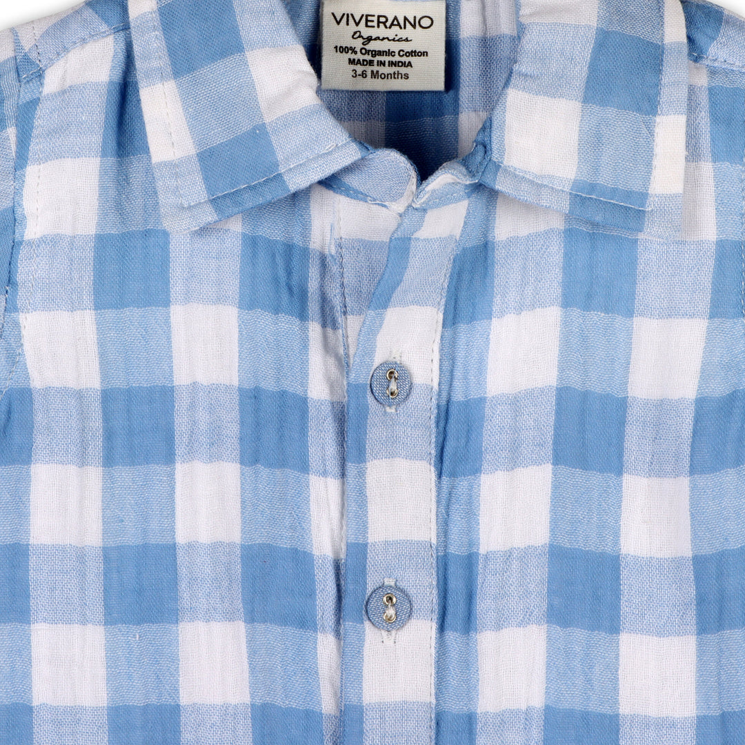 Organic Cotton August Blue Gingham Boys Cargo Romper