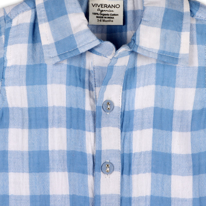 Organic Cotton August Blue Gingham Boys Cargo Romper