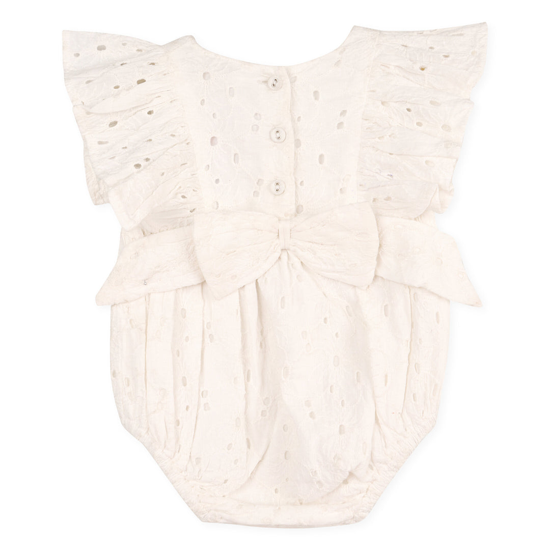 Organic Cotton Luna Schiffli Floral Eyelet Ruffle Sleeve Big Bow Baby Girl Romper
