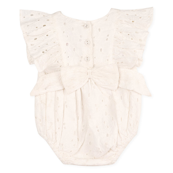 Organic Cotton Luna Schiffli Floral Eyelet Ruffle Sleeve Big Bow Baby Girl Romper