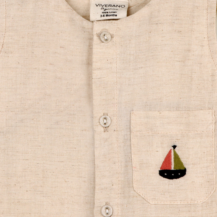 Organic Cotton Linen Blend Parker Embroidered Sailboat Pocket Baby Romper