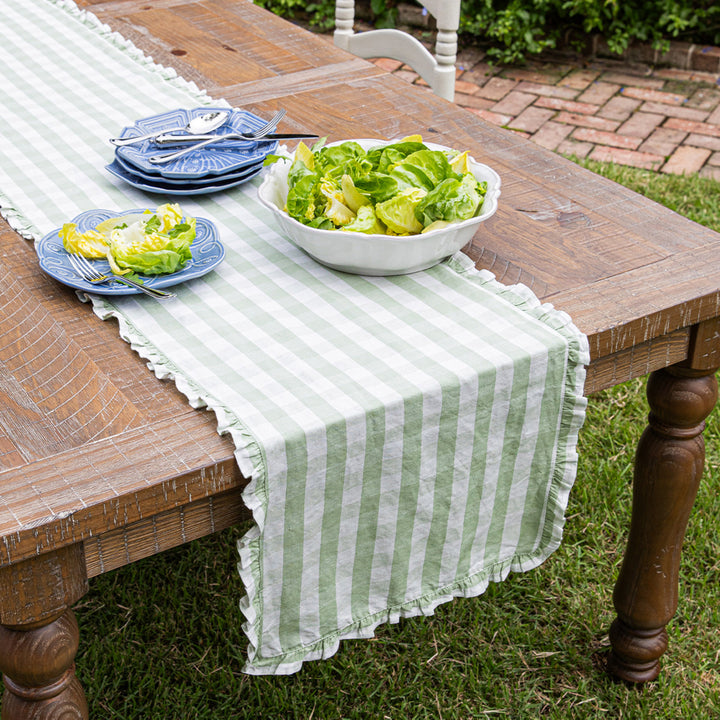 Gingham Ruffle Table Runner In Seagrass