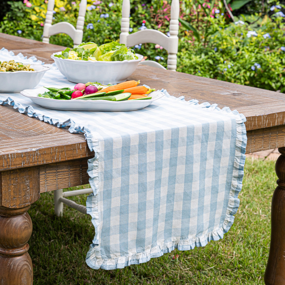 Gingham Ruffle Table Runner In Ocean