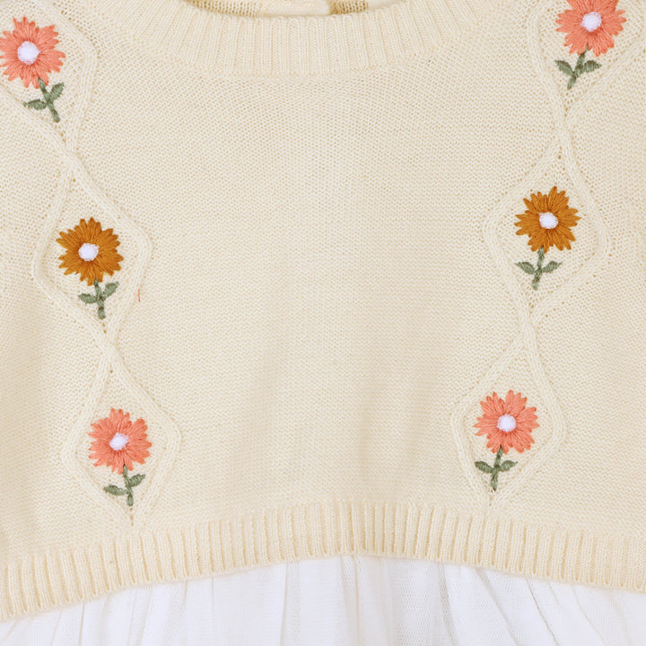 Organic Cotton Floral Embroidered Cable Knit Tutu Baby Dress Natural