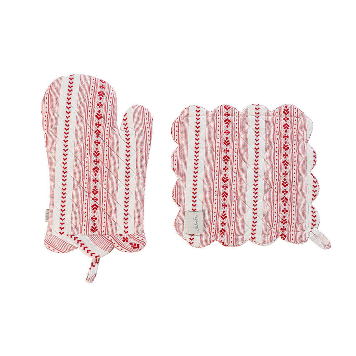 Juliska Villa Stripe Oven Mitt and Pot Holder Set of 2 - Ruby